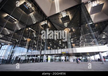 Entrance to the glass fronted Malaga airport terminal three building, Malaga, Costa del Sol, Malaga Province, Andalucia, Spain. Stock Photo