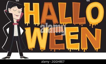 Retro style banner for a Halloween party with a boy dressed as a vampire. Stock Vector