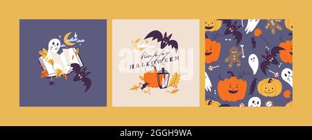 Vector illustartion set of linear icons for Happy Halloween. Trick or treat symbol. Background or seamless pattern. Stock Vector