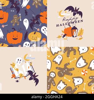 Vector illustartion set of linear icons for Happy Halloween. Trick or treat symbol. Background or seamless pattern Stock Vector