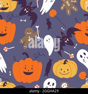 Vector illustartion set of linear icons for Happy Halloween. Trick or treat symbol. Background or seamless pattern Stock Vector