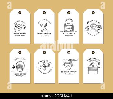 Vector set illustartion logos and design templates or badges. Organic and eco honey labels and tags with bees. Linear style Stock Vector