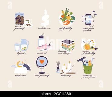 Vector illustration concept of self care and healthy lifestyle. Set icons of self care routine Stock Vector