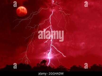 Surreal Pop Art Style Powerful Lightning Strikes in the Bloody Red Night Sky with a Spooky Full Moon Stock Photo