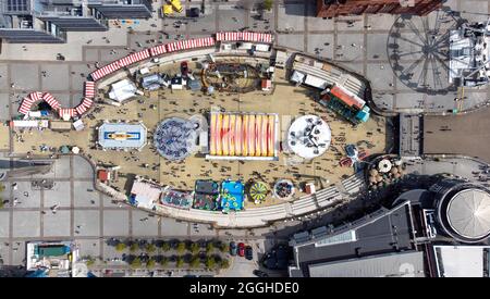 An aerial view of Roald Dahl Plass, Cardiff Bay during the summer in Cardiff, Wales, United Kingdom. Stock Photo