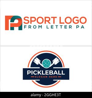 Emblem sport coaching pickleball with letter PA and racket ball icon logo design Stock Vector