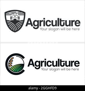 Agriculture farmhouse tree plant land field farming logo design Stock Vector