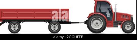 Tractor with trailer vector illustration view from side. Agricultural vehicle mockup isolated on white background. Easy to editing and recolor. Stock Vector
