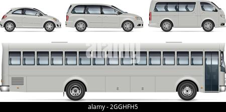 City transport mockup – bus, minivan and car, view from side. Vector template for vehicle branding, corporate identity. Easy to editing and recolor. Stock Vector