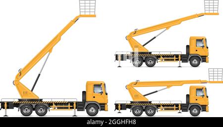 Bucket truck vector illustration view from side isolated on white background. Aerial work bucket vehicle mockup. Easy to editing and recolor. Stock Vector