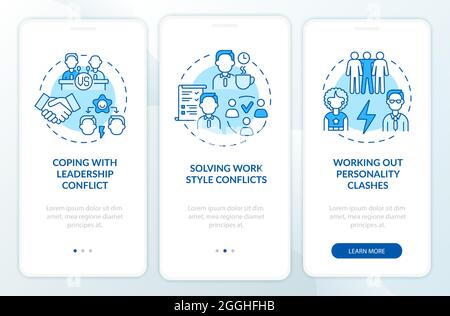 Dealing with team conflicts blue onboarding mobile app page screen Stock Vector