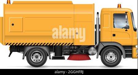 Street sweeper truck vector illustration view from side isolated on white background. Road washing and cleaning vehicle mockup. Stock Vector