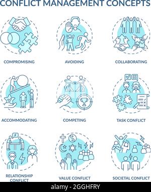 Conflict management blue concept icons set Stock Vector