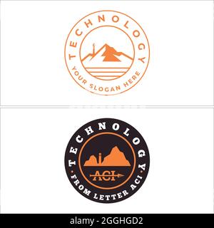 Technology development mountain emblem logo design Stock Vector