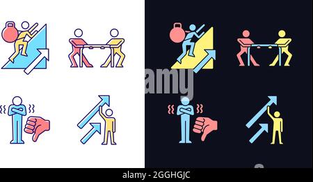 Motivation complications and results light and dark theme RGB color icons set Stock Vector