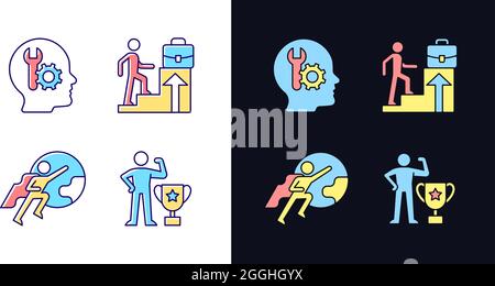 Motivation at work light and dark theme RGB color icons set Stock Vector