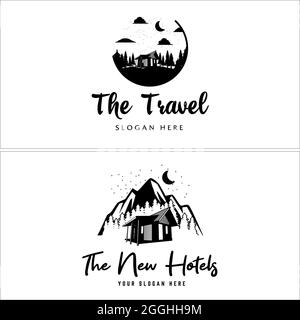 Cabin villa rental mountain recreation outdoor adventure logo design Stock Vector