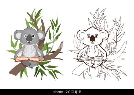 Coloring book, little koala reading a book sitting on eucalyptus branches.Vector illustration in cartoon style, black and white line art for children Stock Vector