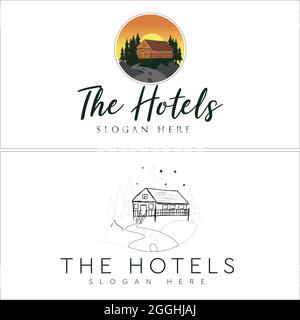 Hotel cabin villa rental pine tree recreation holiday logo design Stock Vector