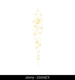 Golden bubbles streaming. Champagne, soda, beer, carbonated water, sparkling wine texture. Molecule of collagen, keratin, jojoba oil, vitamin A or E, omega fatty acids. Vector realistic illustration. Stock Vector