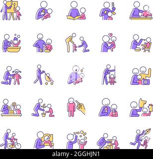 Parent and child interaction RGB color icons set Stock Vector