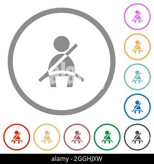 Car seat belt warning indicator flat color icons in round outlines on white background Stock Vector