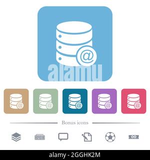 Database email white flat icons on color rounded square backgrounds. 6 bonus icons included Stock Vector