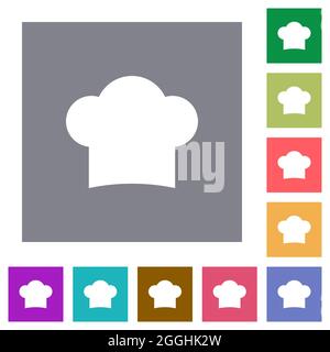 Chef hat solid flat icons on simple color square backgrounds Stock Vector