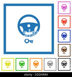 Steering lock flat color icons in square frames on white background Stock Vector