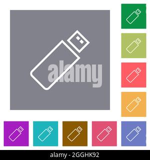 Pendrive outline flat icons on simple color square backgrounds Stock Vector