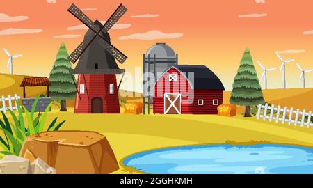Empty farm at sunset time scene with red barn and windmill illustration ...