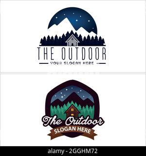 Cabin villa rental with moon star mountain hill tree pine home logo design Stock Vector