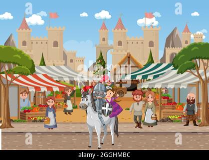 Medieval town scene with villagers and castle illustration Stock Vector ...