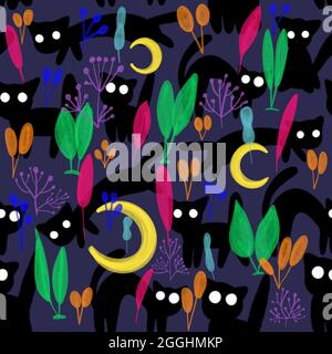 Seamless halloween pattern with mysterious black cats and watercolor plants  Stock Photo