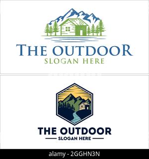 Resort cabin villa mountain recreation forest logo design Stock Vector