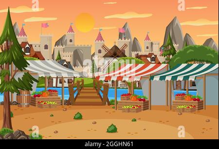Medieval town scene with market place illustration Stock Vector Image ...
