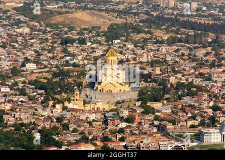 View of the Tsminda Sameba Cathedral also known as the Holy Trinity Cathedral in the capital city of Tbilisi in Georgia. Stock Photo