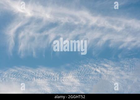 Cirrus fibratus and cirrocumulus stratiformis white clouds on blue sky Stock Photo