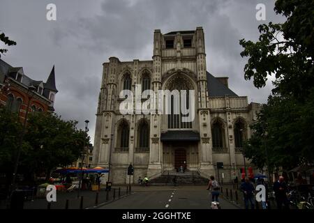 LEUVEN, BELGIUM - Aug 17, 2021: Saint Peter's Church facade is a Roman Catholic church built in the 15th century in the Brabantine Gothic style. Stock Photo