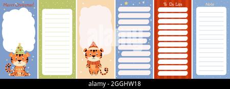 Set of weekly or daily planner, note paper, to-do list, sticker templates Merry Christmas, decorated with New Years tiger on bright decorative backgro Stock Vector
