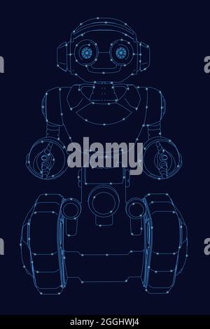 Contour of a robot on a goose with hands with glowing lights from blue lines isolated on a dark background. Front view. Vector illustration. Stock Vector