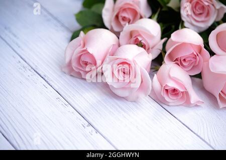 Beautiful bouquet of pink roses on cream-colored wood background. Selective focusing. Love, Romance, Valentine's Day, Anniversary. Stock Photo