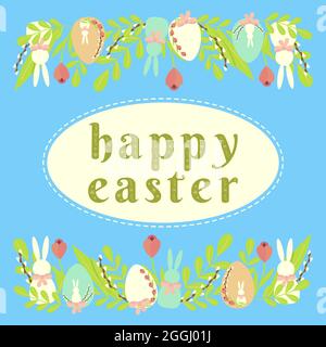 Festive happy Easter card with the inscription, decorated with doodles, egg, rabbit, on a blue background Stock Vector