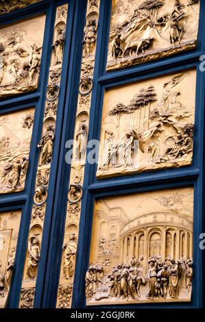 Bronze doors of Florence Cathedral in low relief depicting scenes from the Old Testament, Italy. Stock Photo
