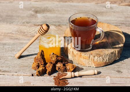 Chaga tea - a strong antioxidant, boosts immune system. Healthy pure natural. Wild Chaga Mushroom, making tea, coffee and herbal remedy Stock Photo