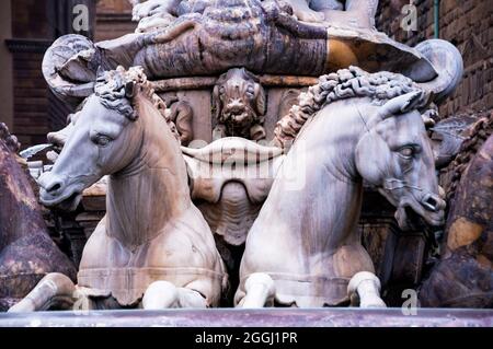 Neptunes horses pulling a shell chariot represent fresh water for the medieval city of Florence, Italy. Stock Photo