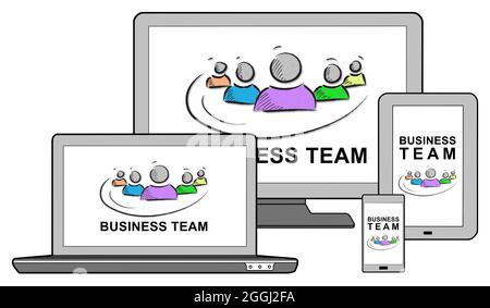 Business team concept shown on different information technology devices Stock Photo