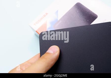 Tyumen, Russia-August 24, 2021: External hard drive produced by Toshiba canvio basics 2 tb. Stock Photo