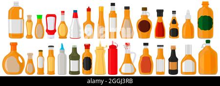 Illustration big kit varied glass bottles filled liquid sauce habanero. Bottles consisting from habanero sauce, empty labels for titles. Sauce habaner Stock Vector