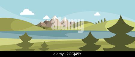 Mountains and lake landscape. Flat design background. Vector illustration Stock Vector